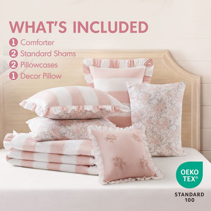 Lara Pink Cabana Stripe Reversible Comforter Set | Toile Floral Reverse