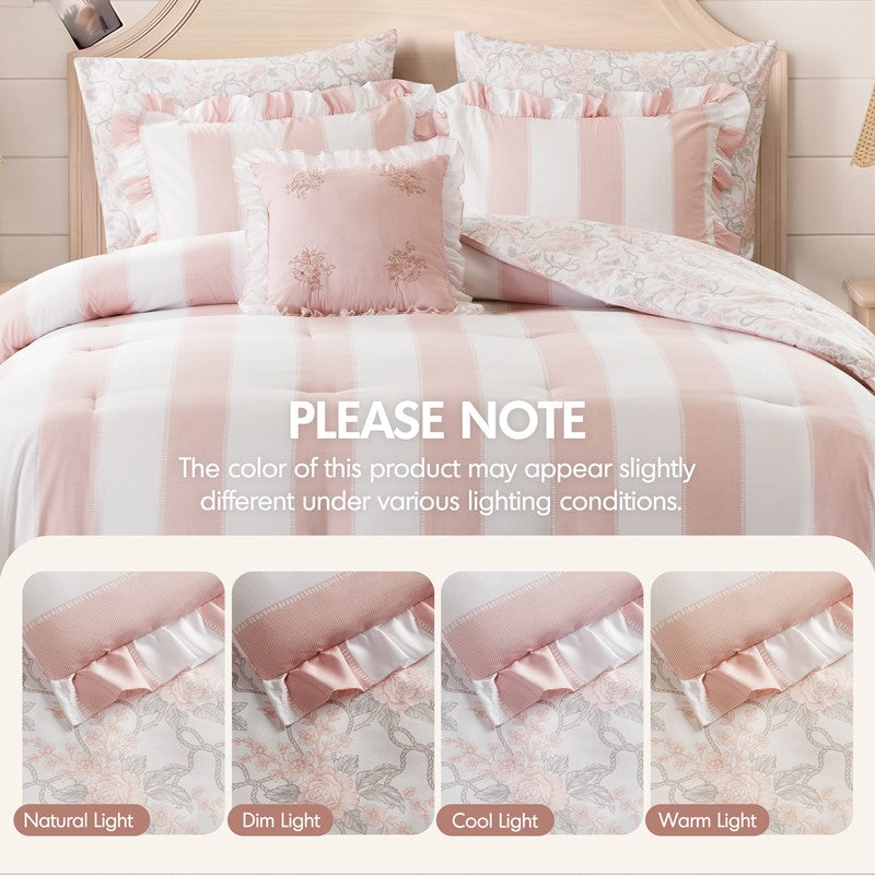 Lara Pink Cabana Stripe Reversible Comforter Set | Toile Floral Reverse