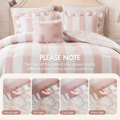 Lara Pink Cabana Stripe Reversible Comforter Set | Toile Floral Reverse