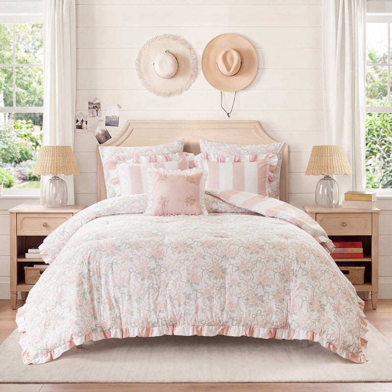 Lara Pink Cabana Stripe Reversible Comforter Set | Toile Floral Reverse