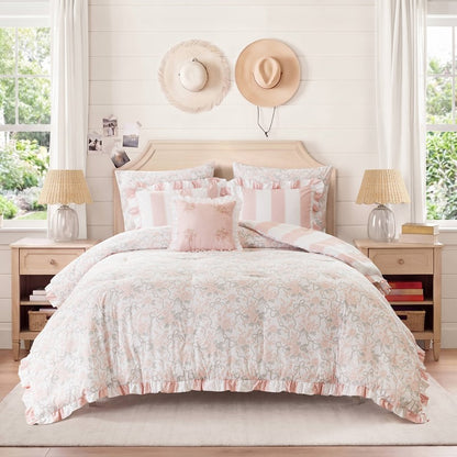 Lara Pink Cabana Stripe Reversible Comforter Set | Toile Floral Reverse