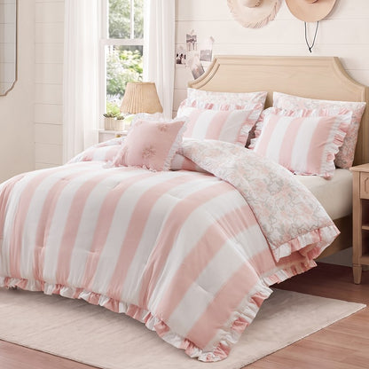 Lara Pink Cabana Stripe Reversible Comforter Set | Toile Floral Reverse