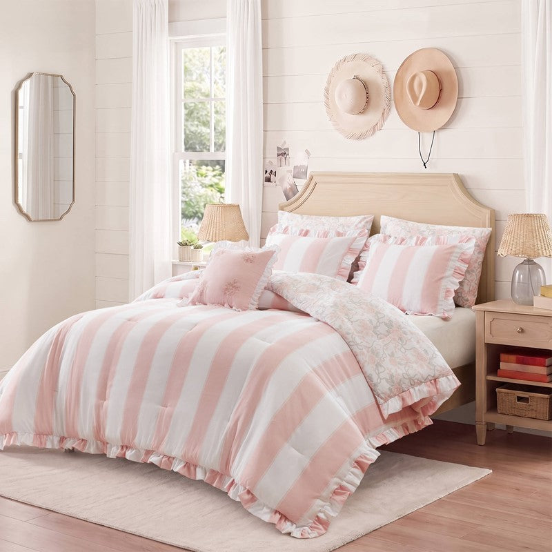 Lara Pink Cabana Stripe Reversible Comforter Set | Toile Floral Reverse
