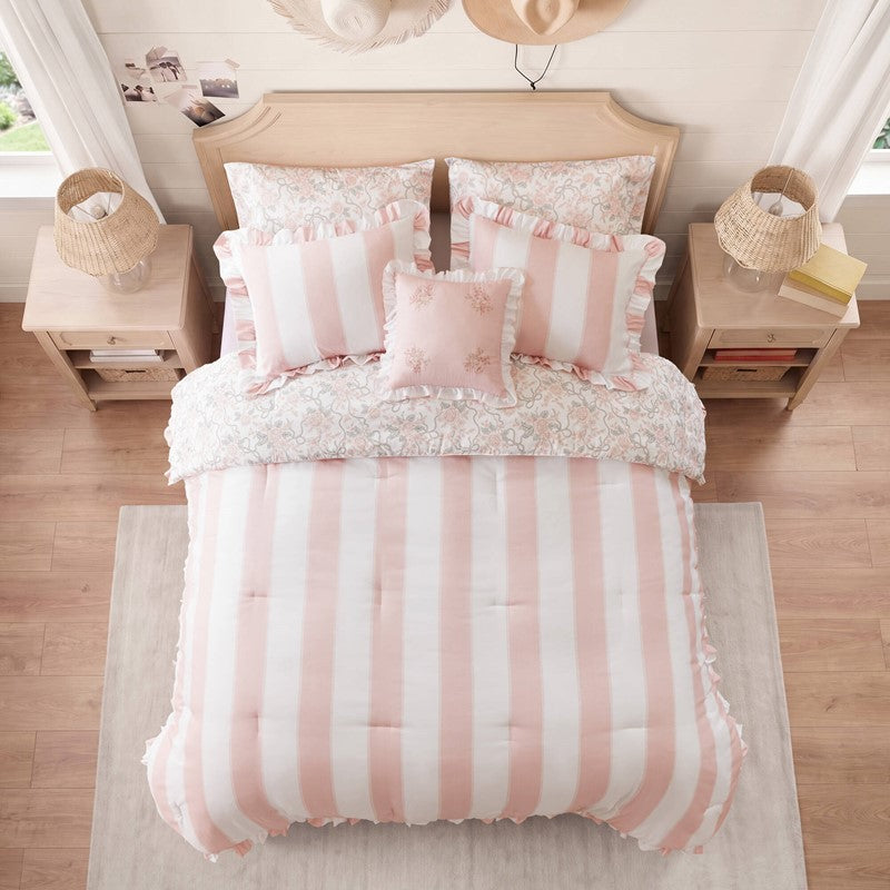 Lara Pink Cabana Stripe Reversible Comforter Set | Toile Floral Reverse