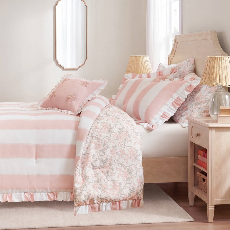 Lara Pink Cabana Stripe Reversible Comforter Set | Toile Floral Reverse
