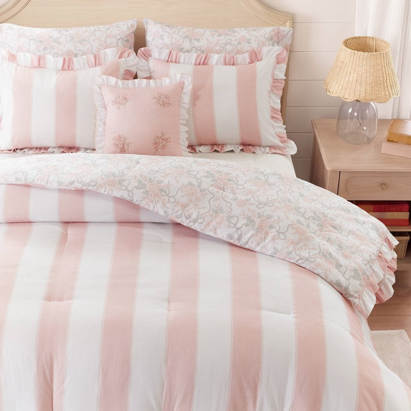 Lara Pink Cabana Stripe Reversible Comforter Set | Toile Floral Reverse