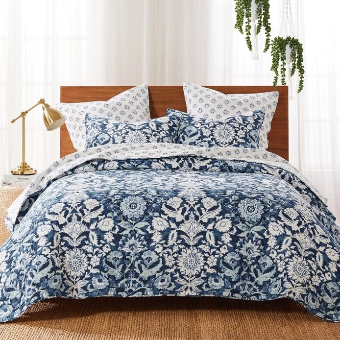 Laure Indigo Quilt Set - Coastal Blue Floral Bedding - Quahog Bay Bedding