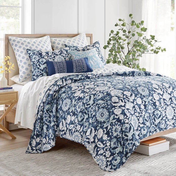Laure Indigo Quilt Set - Coastal Blue Floral Bedding - Quahog Bay Bedding