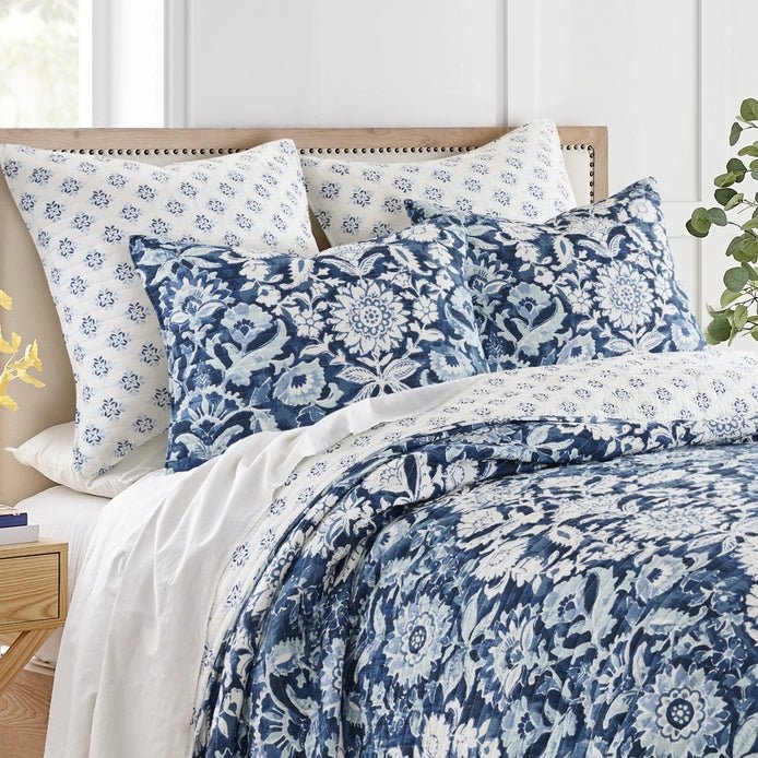 Laure Indigo Quilt Set - Coastal Blue Floral Bedding - Quahog Bay Bedding