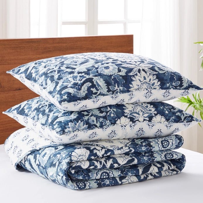 Laure Indigo Quilt Set - Coastal Blue Floral Bedding - Quahog Bay Bedding