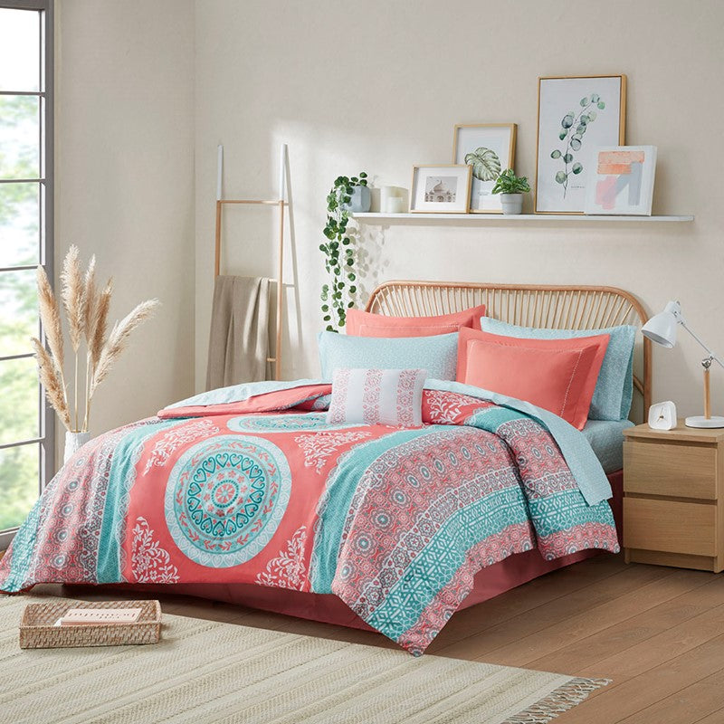Loretta Coral Boho Comforter Set with Sheets