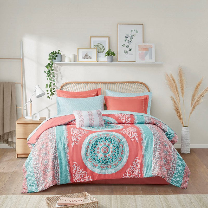 Loretta Coral Boho Comforter Set with Sheets