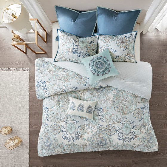 Madison Park Isla Coastal Blue Medallion Cotton Comforter Set 8PCS - Quahog Bay Bedding