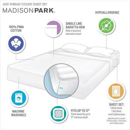 Madison Park Luxury 600TC 100% Pima Cotton Sheet Set With Beautiful Hem Stitching - Quahog Bay Bedding