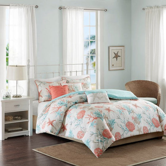 Madison Park Pebble Beach 6 Piece Cotton Sateen Duvet Cover Set - Coral - Quahog Bay Bedding