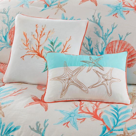Madison Park Pebble Beach Cotton Sateen Comforter Set 7PC - Coral - Quahog Bay Bedding