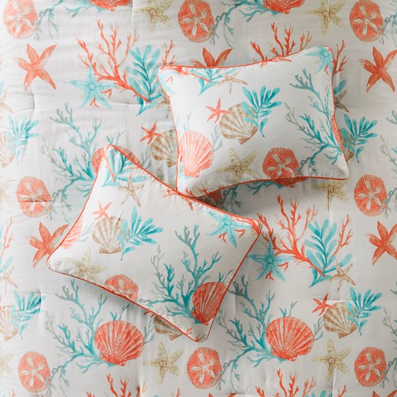 Madison Park Pebble Beach Cotton Sateen Comforter Set 7PC - Coral - Quahog Bay Bedding