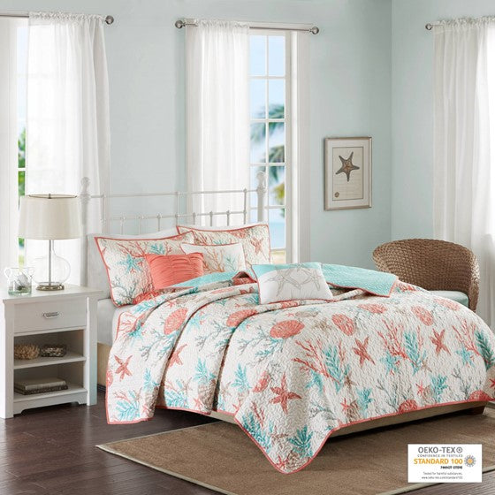 Madison Park Pebble Beach Cotton Sateen Quilt Set 6PC - Coral - Quahog Bay Bedding