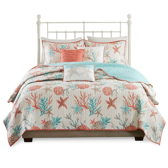 Madison Park Pebble Beach Cotton Sateen Quilt Set 6PC - Coral - Quahog Bay Bedding