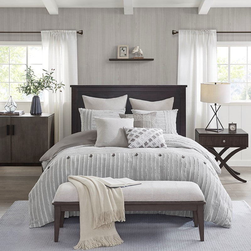 Oversized Cotton Clipped Jacquard Farmhouse Style Comforter Set - Grey