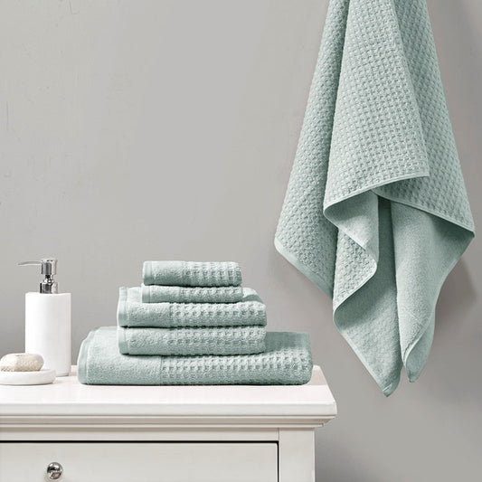 Madison Park Spa Waffle Cotton 6PC Jacquard Bath Towel Set - Seafoam - Coastal Bath Towels