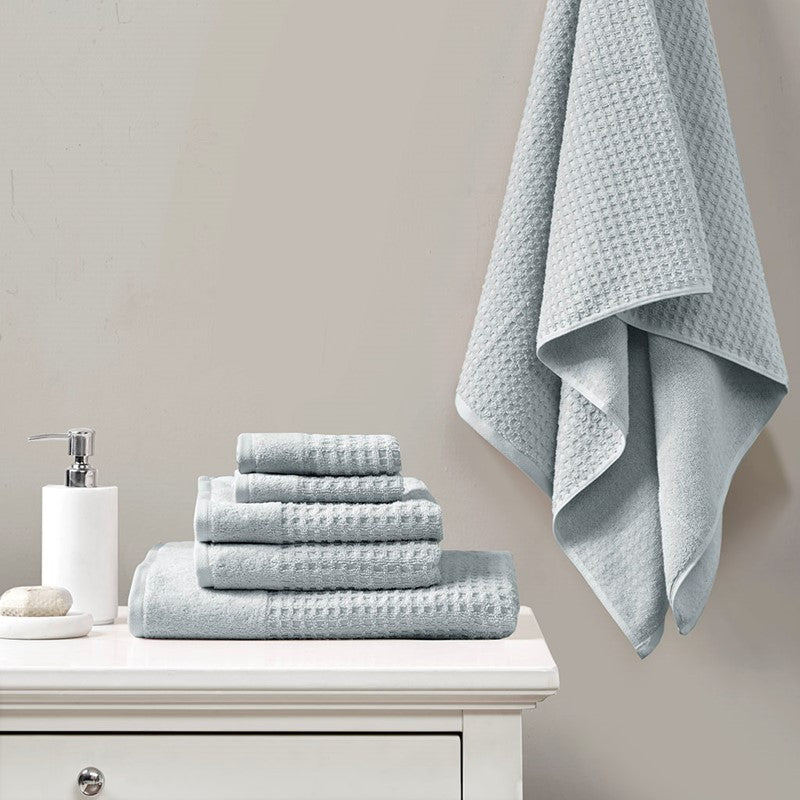 Madison Park Spa Waffle Cotton 6PC Jacquard Bath Towel Set - Blue - Coastal Bath Towels