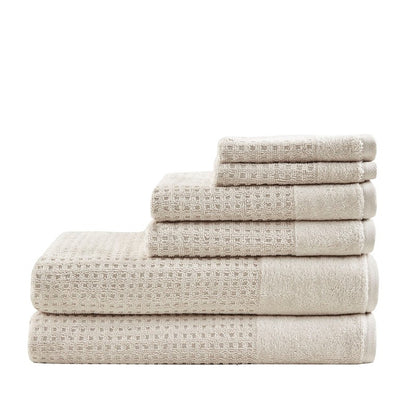 Madison Park Spa Waffle Cotton 6PC Jacquard Bath Towel Set - Natural - Coastal Bath Towels