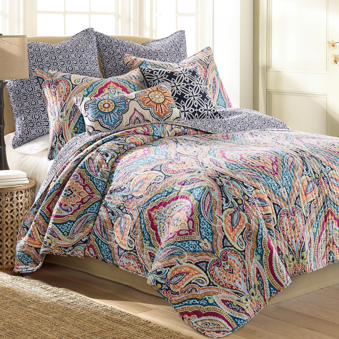 Magnolia Navy Crewel Pillow - Quahog Bay Bedding