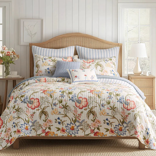 Floral bedding set on a bed in a bedroom with wooden headboard and side tables.