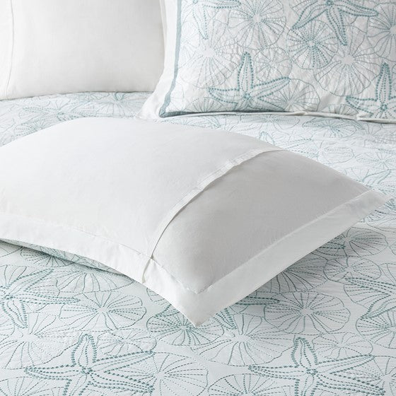 Coastal Maya Bay Comforter Set 4PC - White With Seafoam Blue Hues - Quahog Bay Bedding