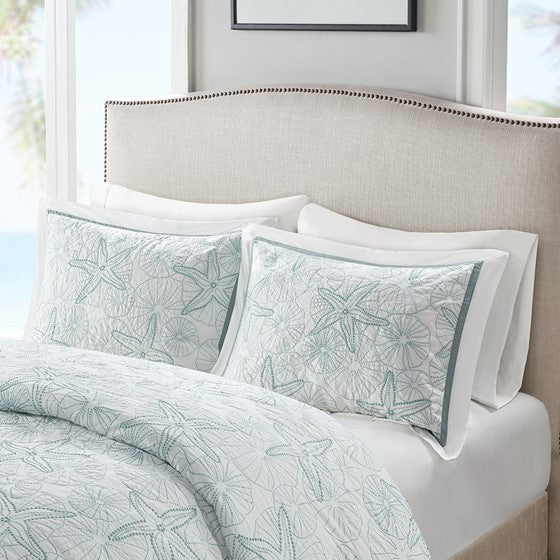 Coastal Maya Bay Duvet Cover Set 3PC - White With Seafoam Blue Hues