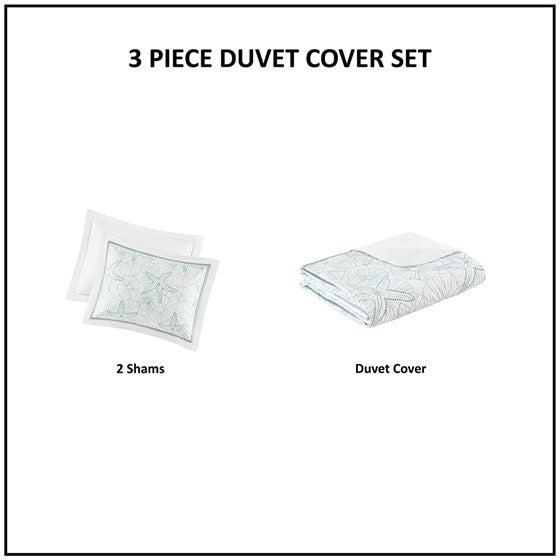 Coastal Maya Bay Duvet Cover Set 3PC - White With Seafoam Blue Hues