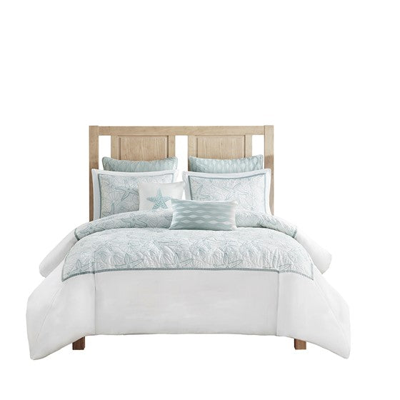 Coastal Maya Bay Comforter Set 4PC - White With Seafoam Blue Hues - Quahog Bay Bedding