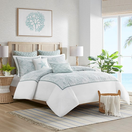 Coastal Maya Bay Duvet Cover Set 3PC - White With Seafoam Blue Hues