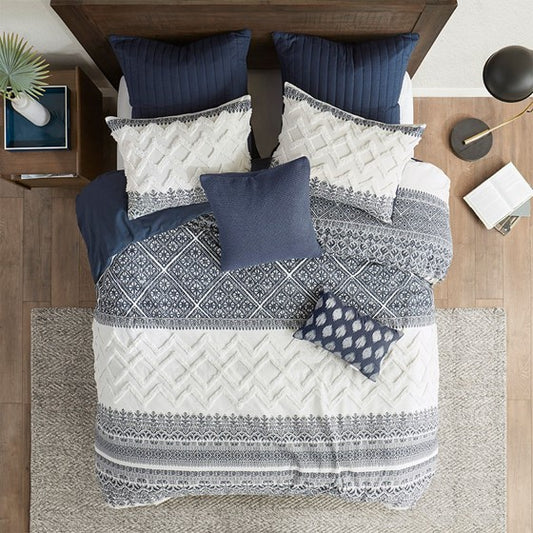 NEW! King 3 Piece Comforter Set Mila 100% Cotton Navy Blue