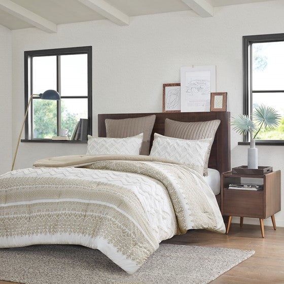 Mila 100% Cotton 3 Piece Comforter Set - White With Taupe Hues