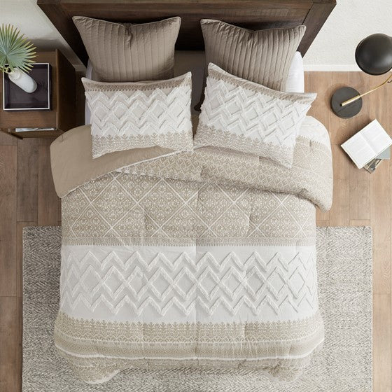 Mila 100% Cotton 3 Piece Comforter Set - White With Taupe Hues