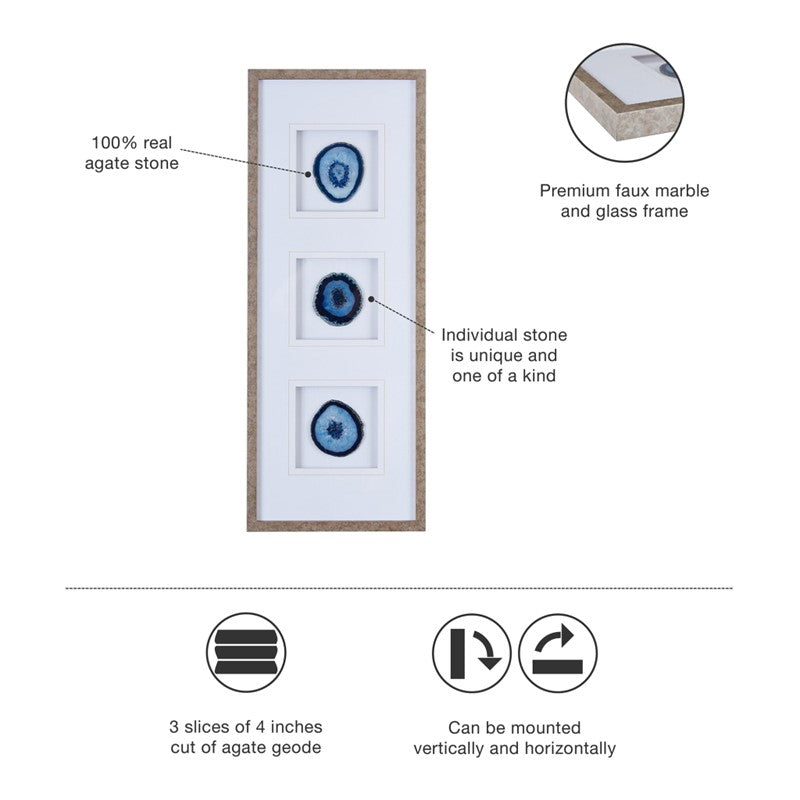 Natural Agate Trio Real Stone Framed Glass - Coastal Wall Decor