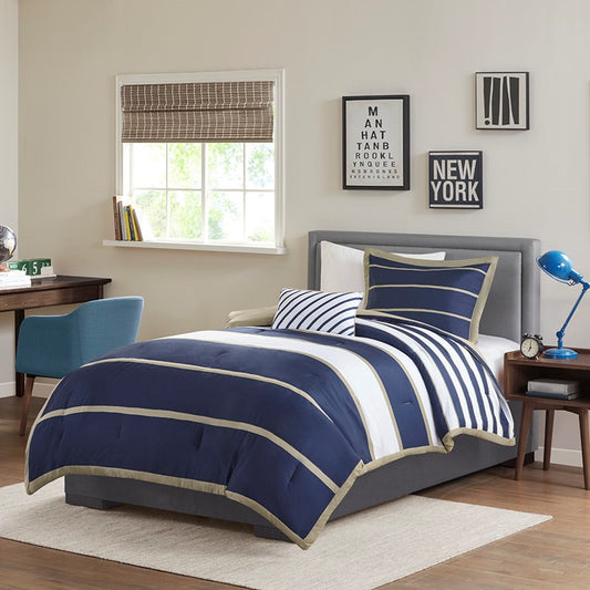 Navy Khaki Stripe 4PC Comforter Set - Nautical Comforters
