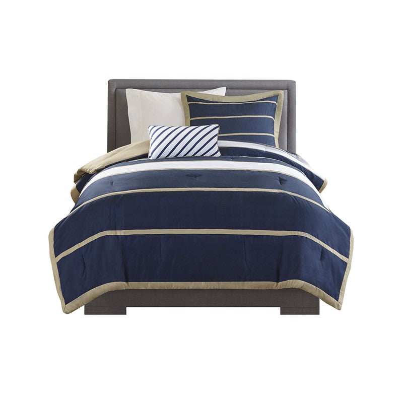 Navy Khaki Stripe 4PC Comforter Set - Nautical Comforters