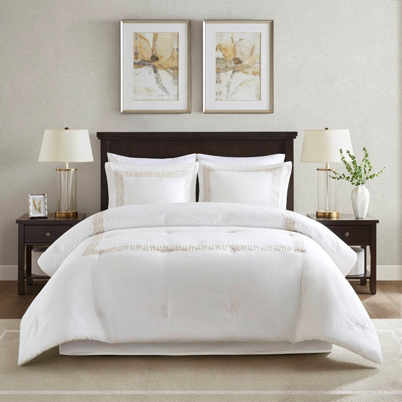 Embroidered Cotton Oversized Comforter Set - White & Gold 4PC