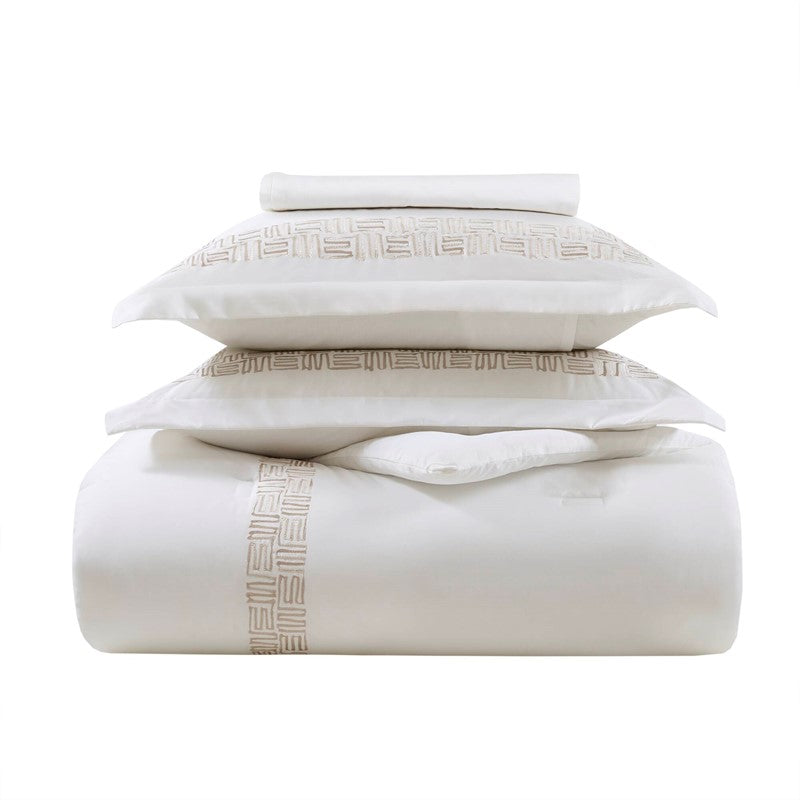 Embroidered Cotton Oversized Comforter Set - White & Gold 4PC