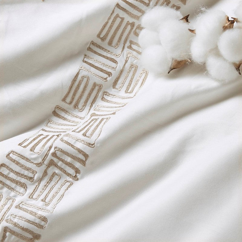 Embroidered Cotton Oversized Comforter Set - White & Gold 4PC