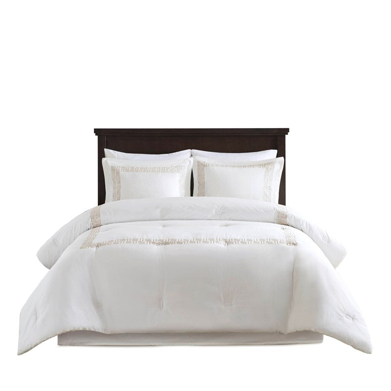 Embroidered Cotton Oversized Comforter Set - White & Gold 4PC