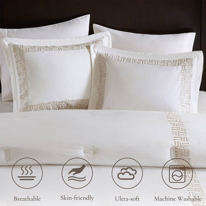 Embroidered Cotton Oversized Comforter Set - White & Gold 4PC