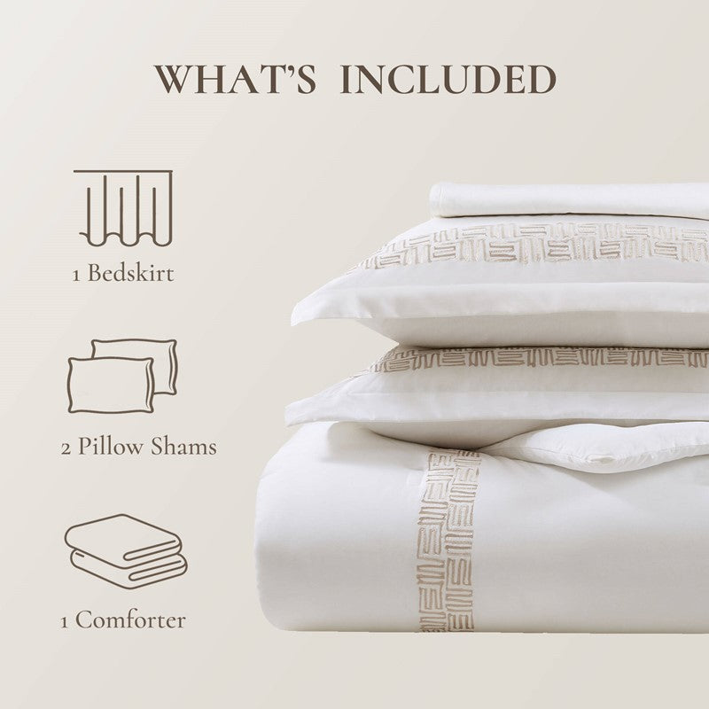 Embroidered Cotton Oversized Comforter Set - White & Gold 4PC