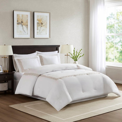 Embroidered Cotton Oversized Comforter Set - White & Gold 4PC