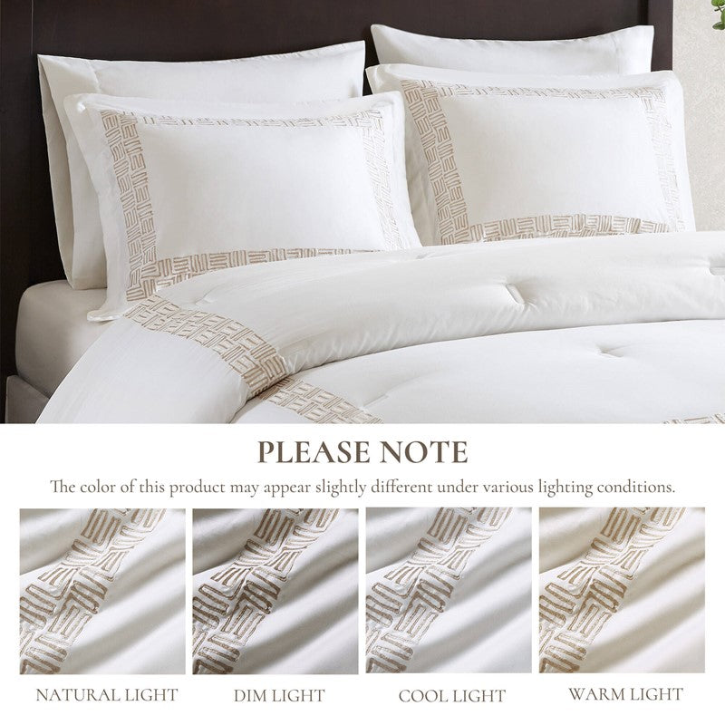 Embroidered Cotton Oversized Comforter Set - White & Gold 4PC