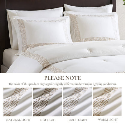 Embroidered Cotton Oversized Comforter Set - White & Gold 4PC