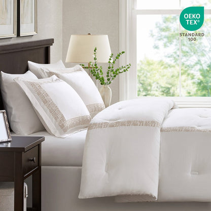 Embroidered Cotton Oversized Comforter Set - White & Gold 4PC